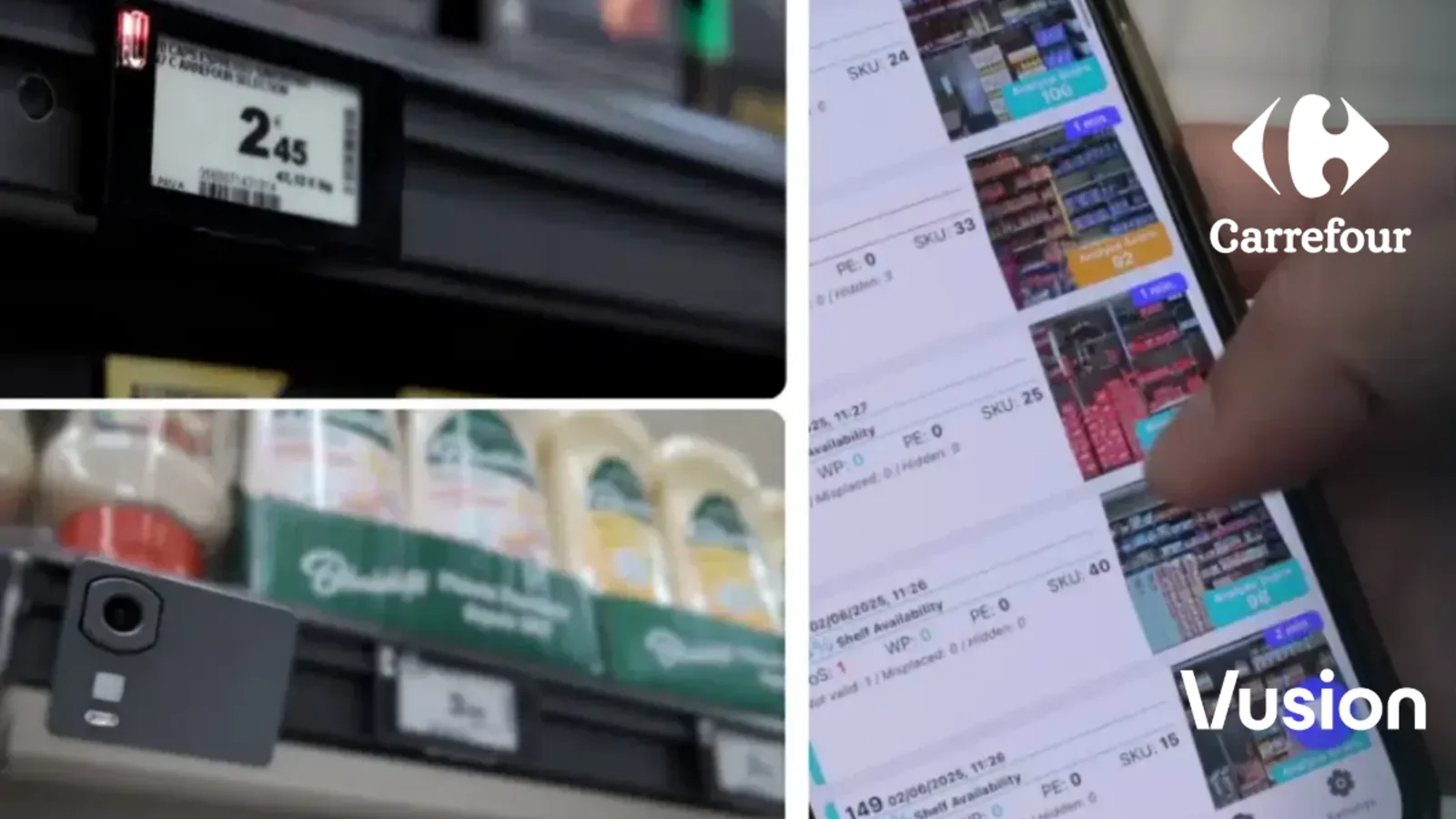 Official Carrefour–Vusion partnership visual showing labels, shelf cameras and store software