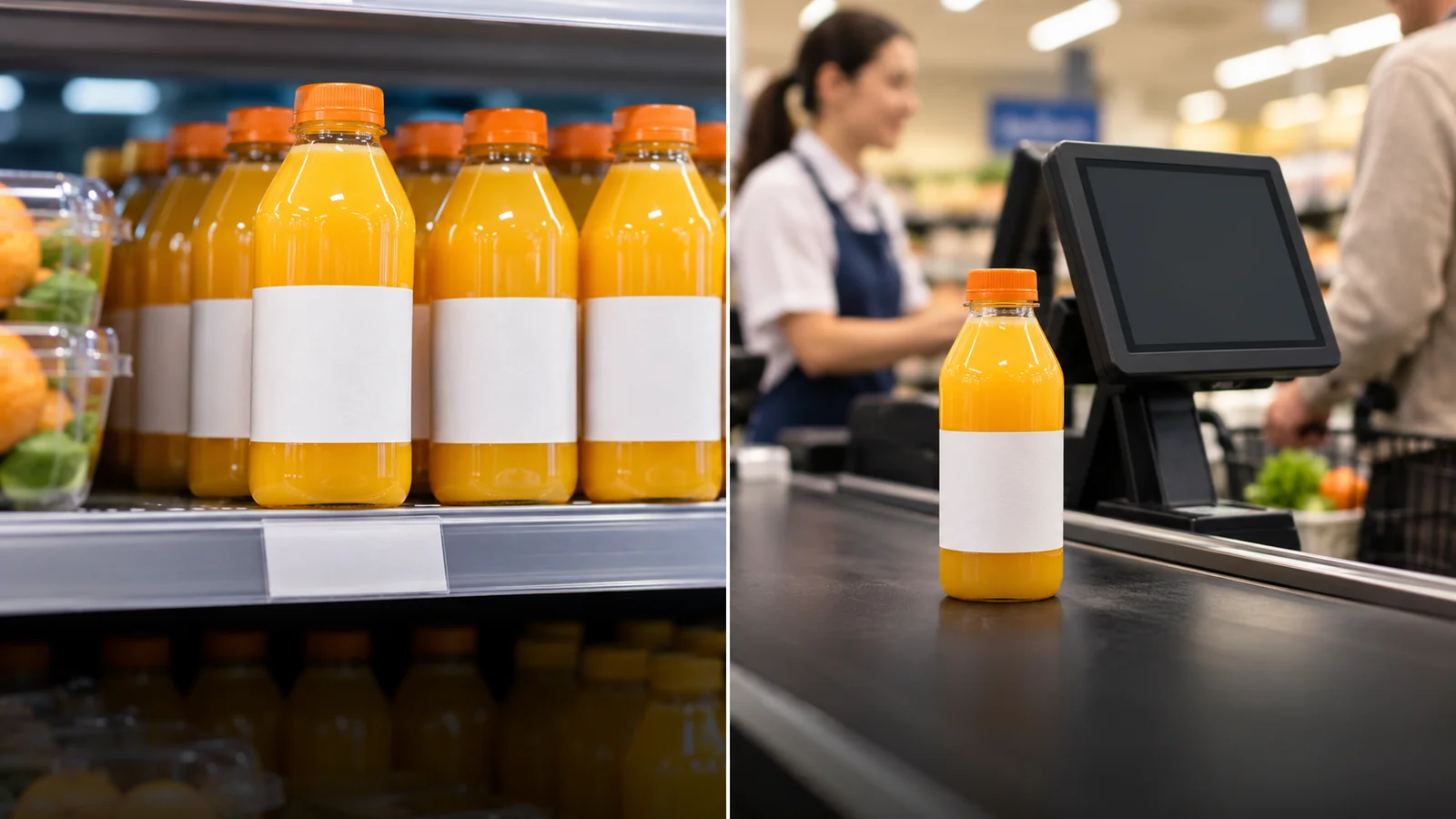 Concept comparison of the same orange juice product on a supermarket shelf and at checkout
